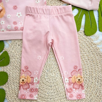 Conj. Casaco de Moletom Doguinha com Flores e Calça Legging - Rose